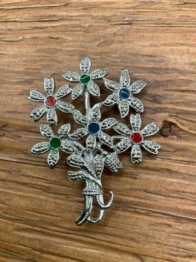 Floral Bouquet Vintage Red, Green & Blue Accents Silver-Tone Brooch